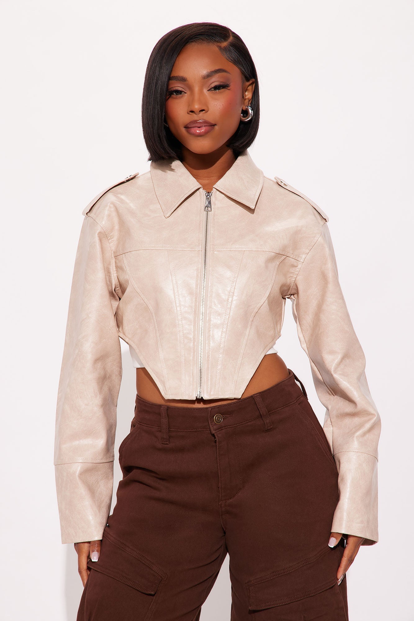 Talk Is Cheap Faux Patent Leather Moto Jacket - Stone