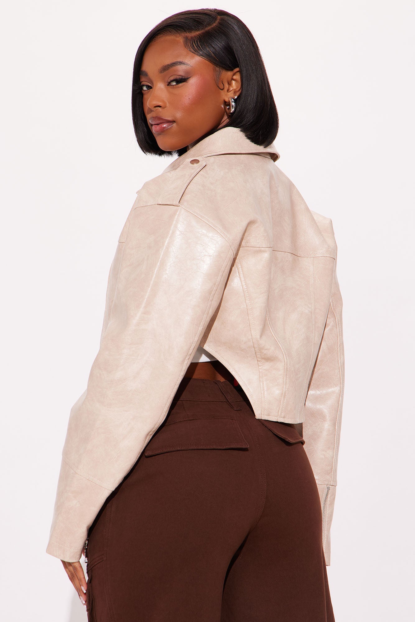 Talk Is Cheap Faux Patent Leather Moto Jacket - Stone