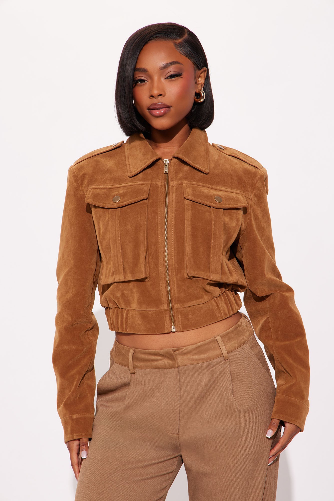 Have To Getaway Cropped Faux Suede Jacket - Camel