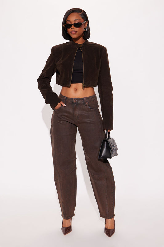 Cali Coated Barrel Leg Jeans - Brown