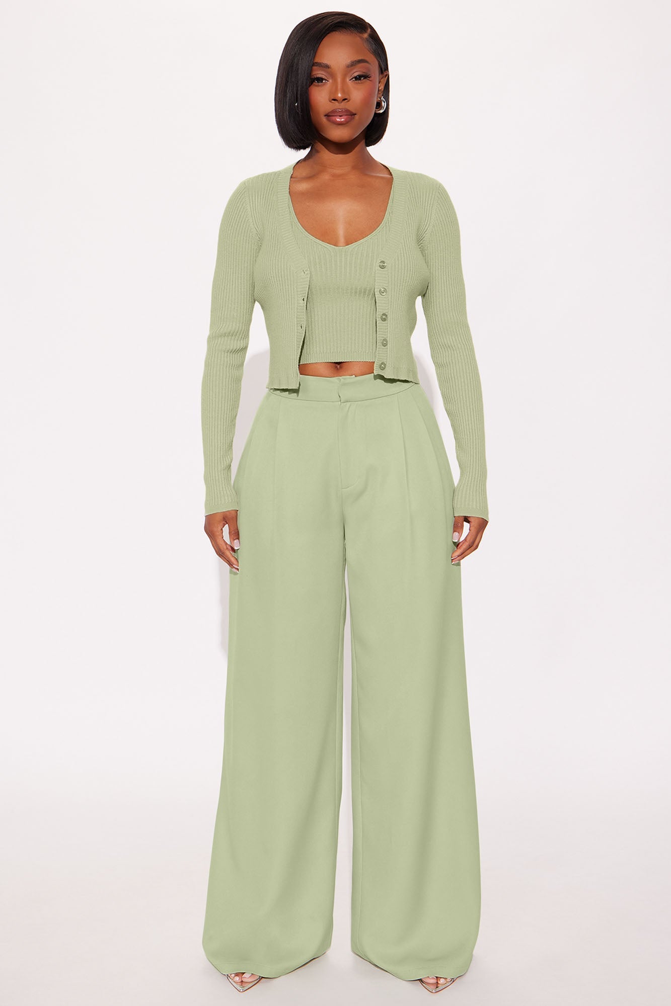 Delia Wide Leg Crepe Trousers 33″ - Sage