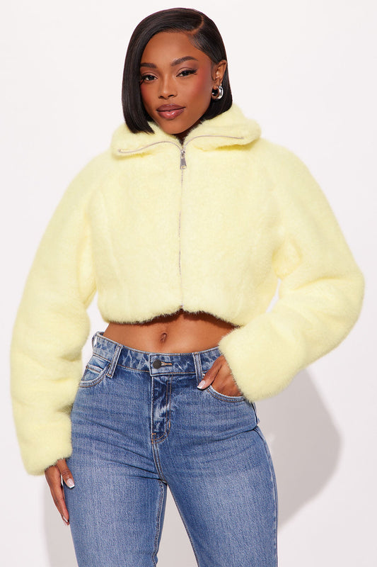 Taking Chances Cropped Faux Fur Coat - Butter Yellow