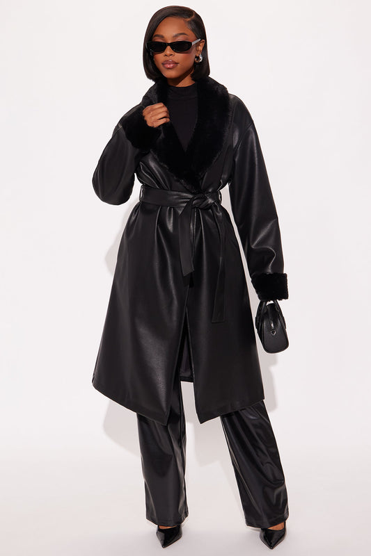 Tara Faux Leather Trench Coat - Black