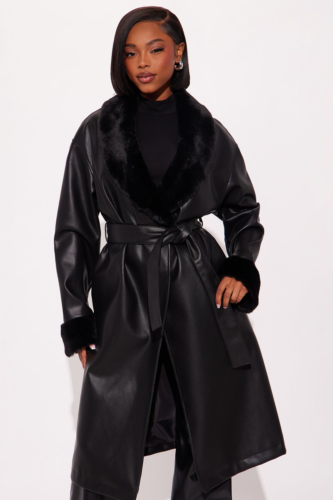 Tara Faux Leather Trench Coat - Black