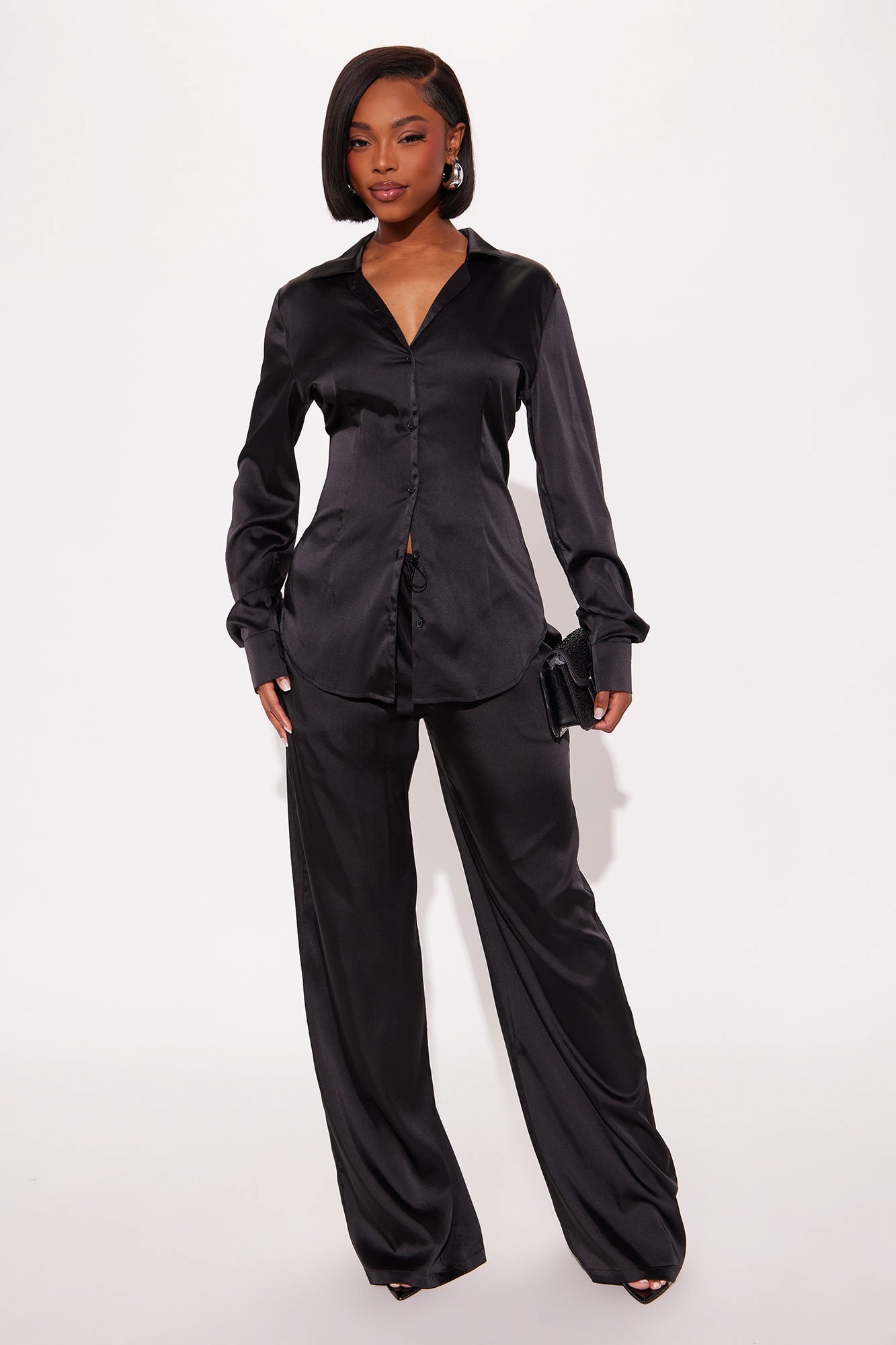 Sienna Fitted Satin Pant Set - Black