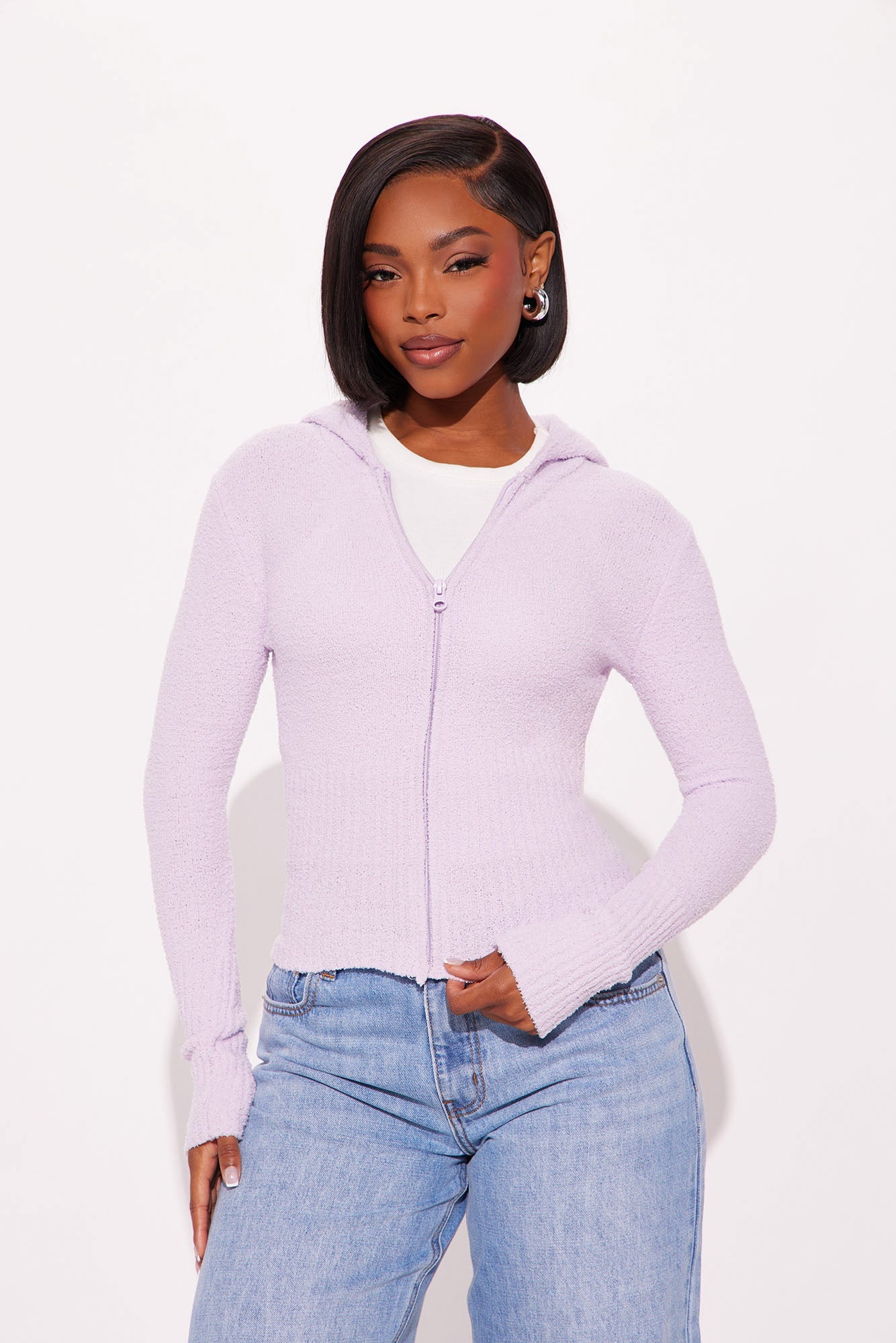 Pillow Talk Zip Front Ribbed Cardigan Sweater - Lavender