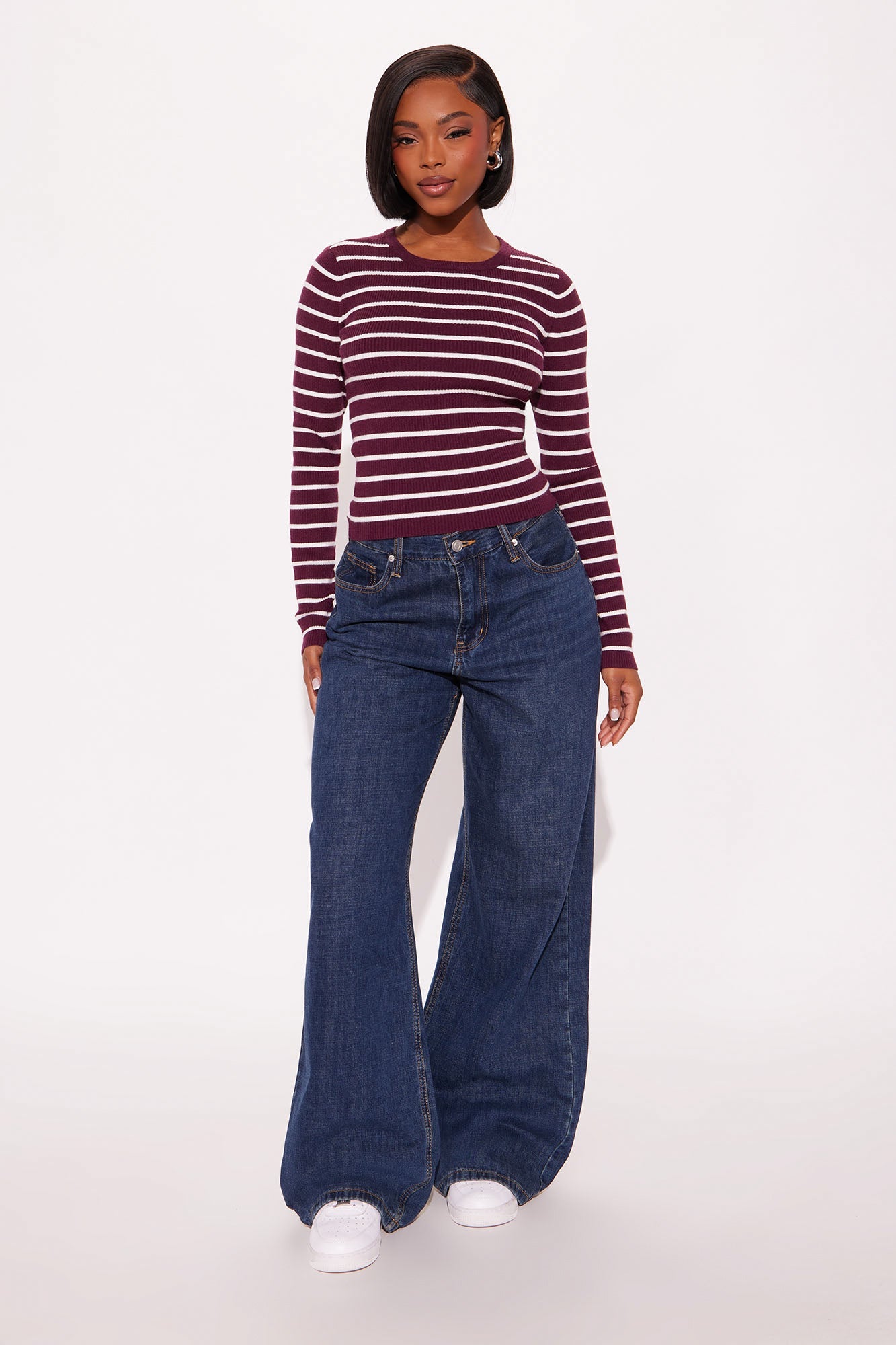 Tylie Striped Sweater Top - Burgundy/combo