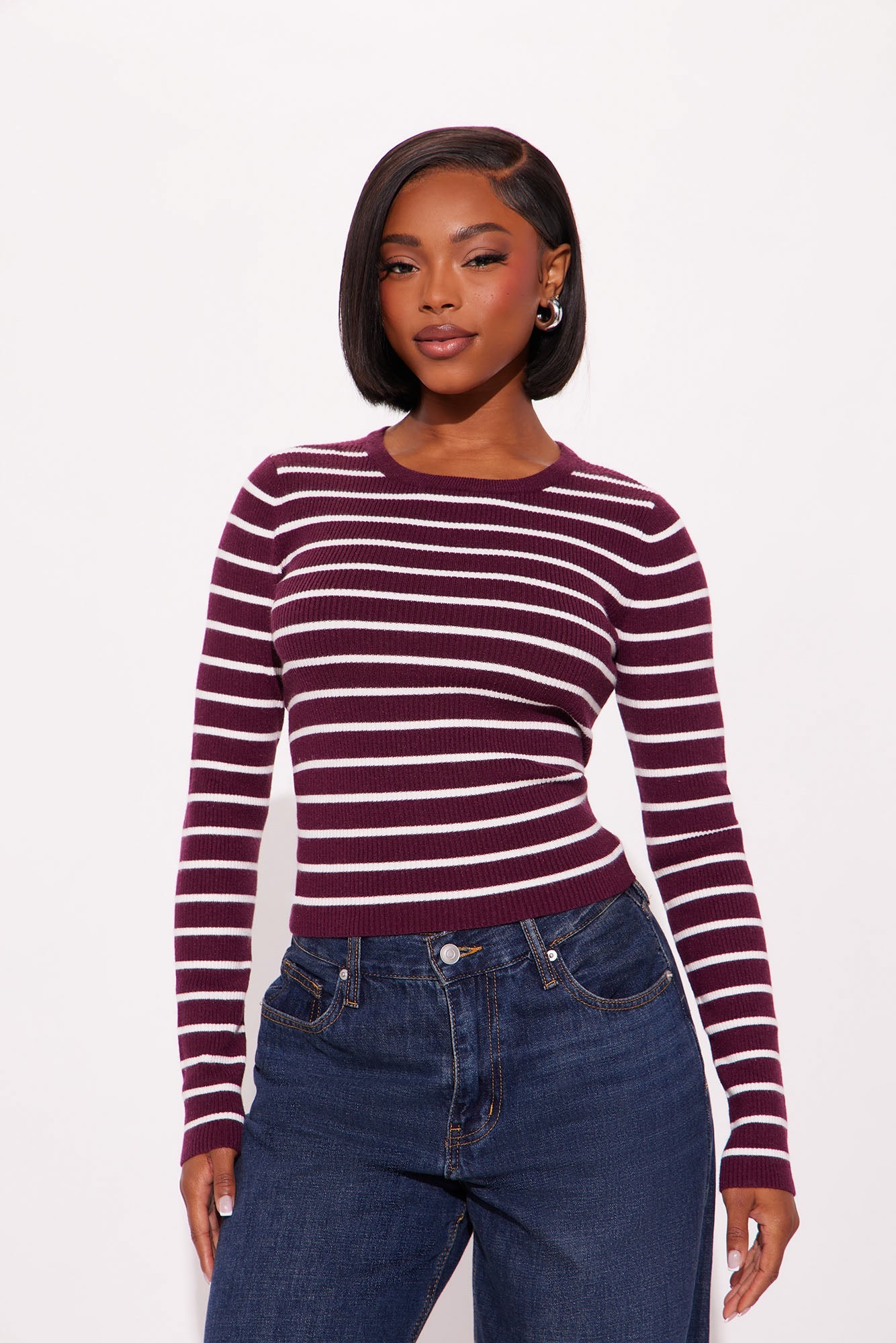 Tylie Striped Sweater Top - Burgundy/combo