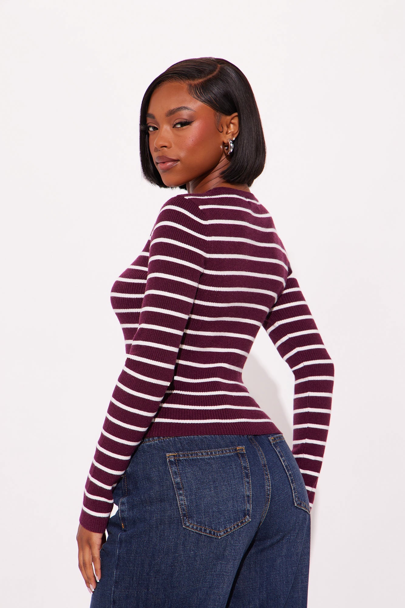 Tylie Striped Sweater Top - Burgundy/combo