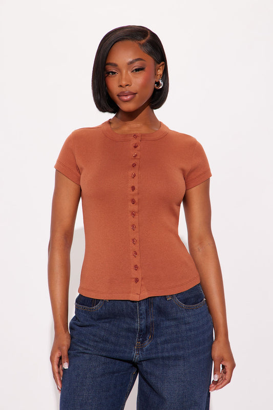 Freya Button Up Short Sleeve Top - Rust