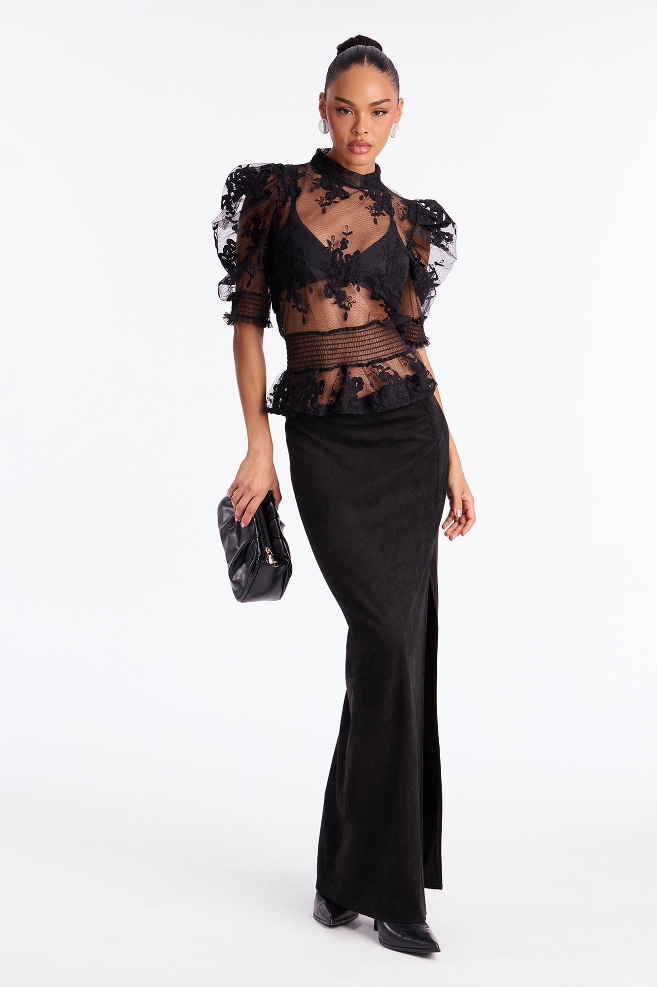 Summer Flower Embroidered Organza Top - Black