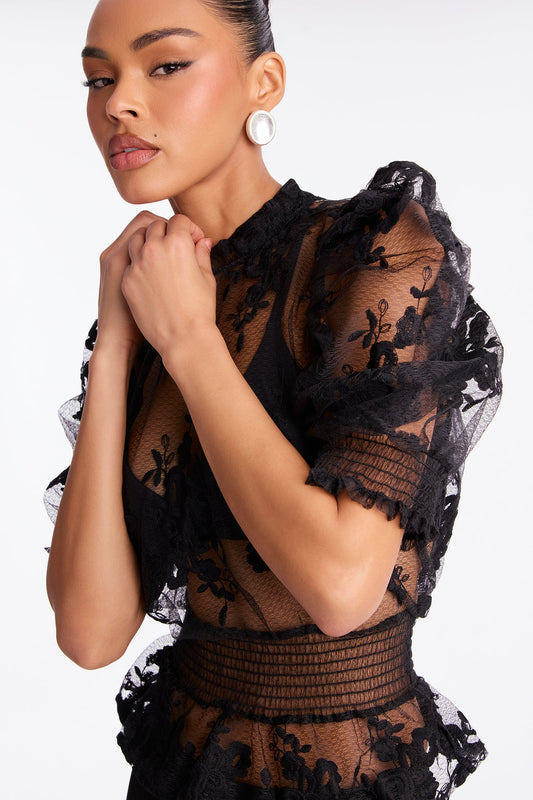 Summer Flower Embroidered Organza Top - Black