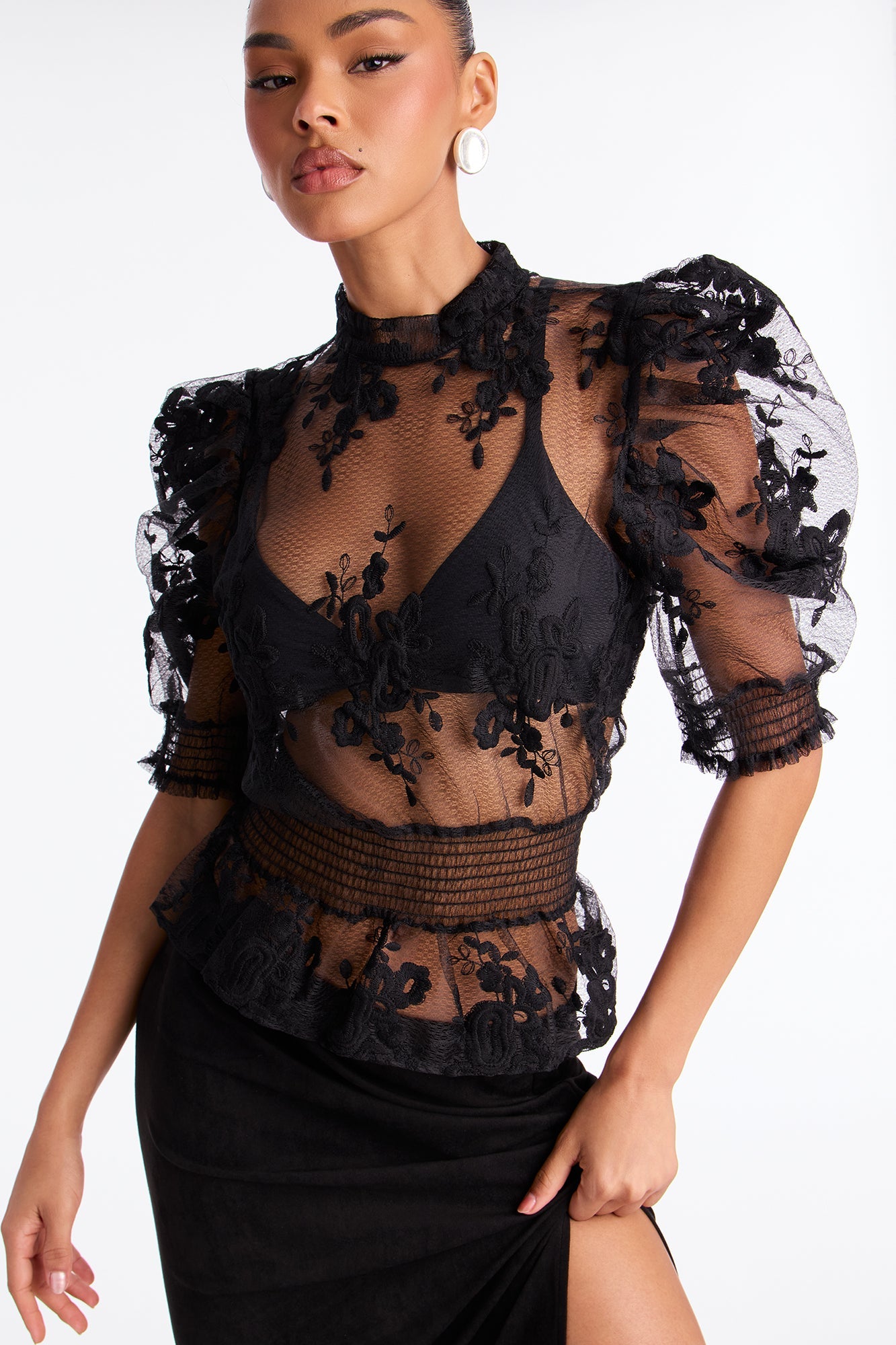 Summer Flower Embroidered Organza Top - Black