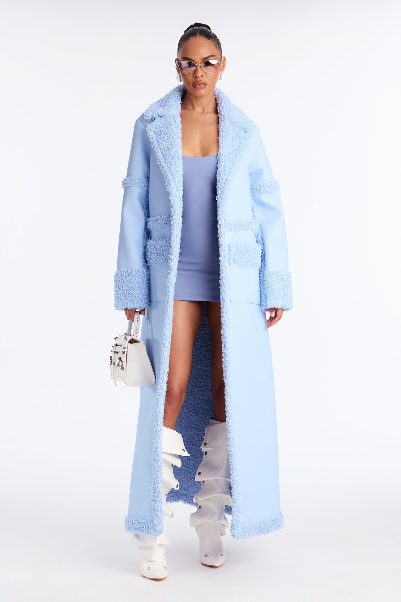 Calling Again Faux Leather Trench Coat - Light Blue