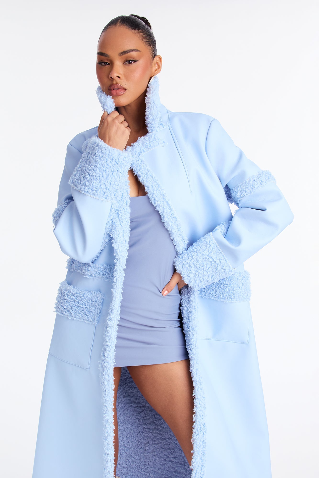 Calling Again Faux Leather Trench Coat - Light Blue