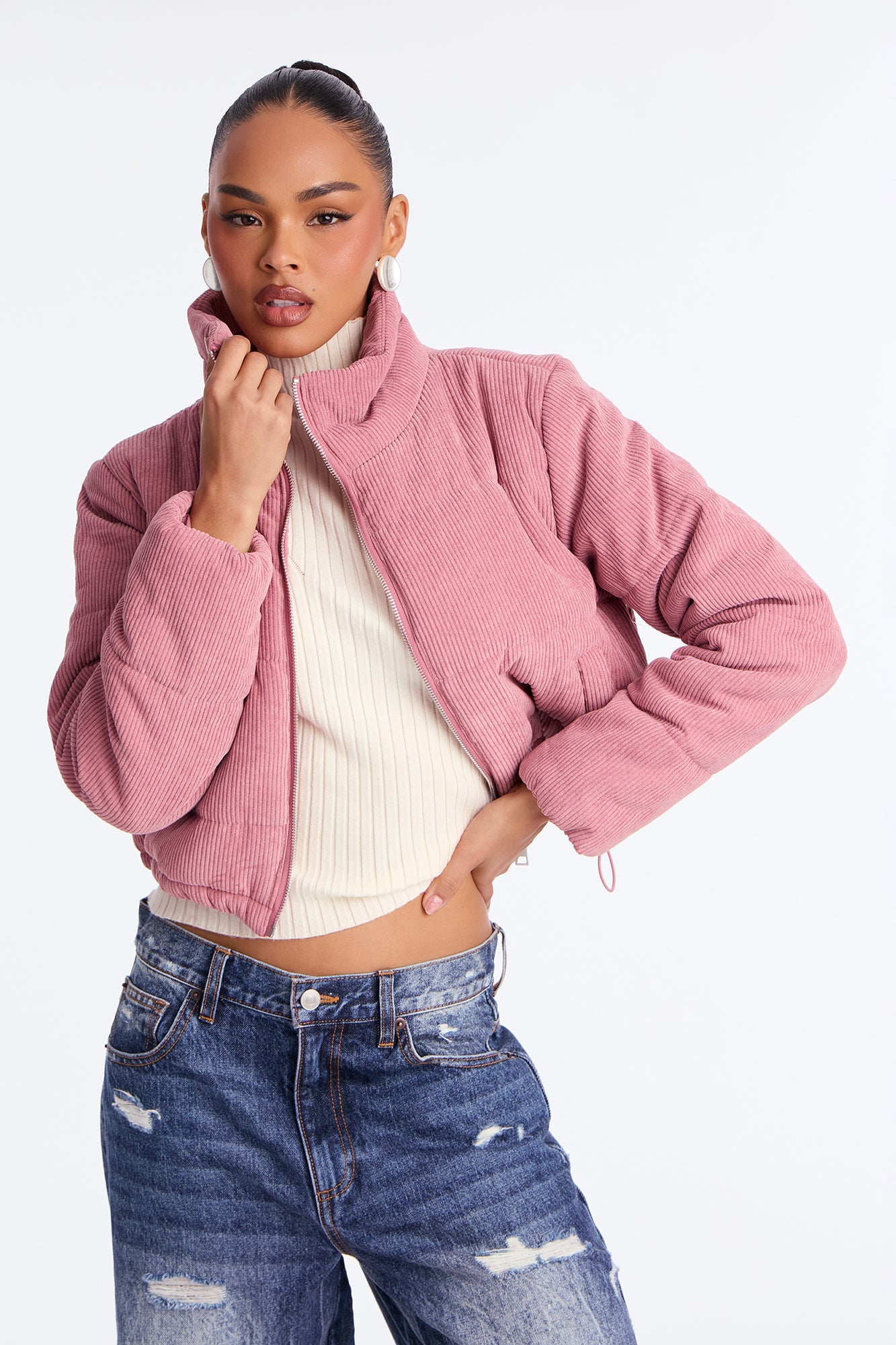 Cozy Corduroy Puffer Jacket - Mauve