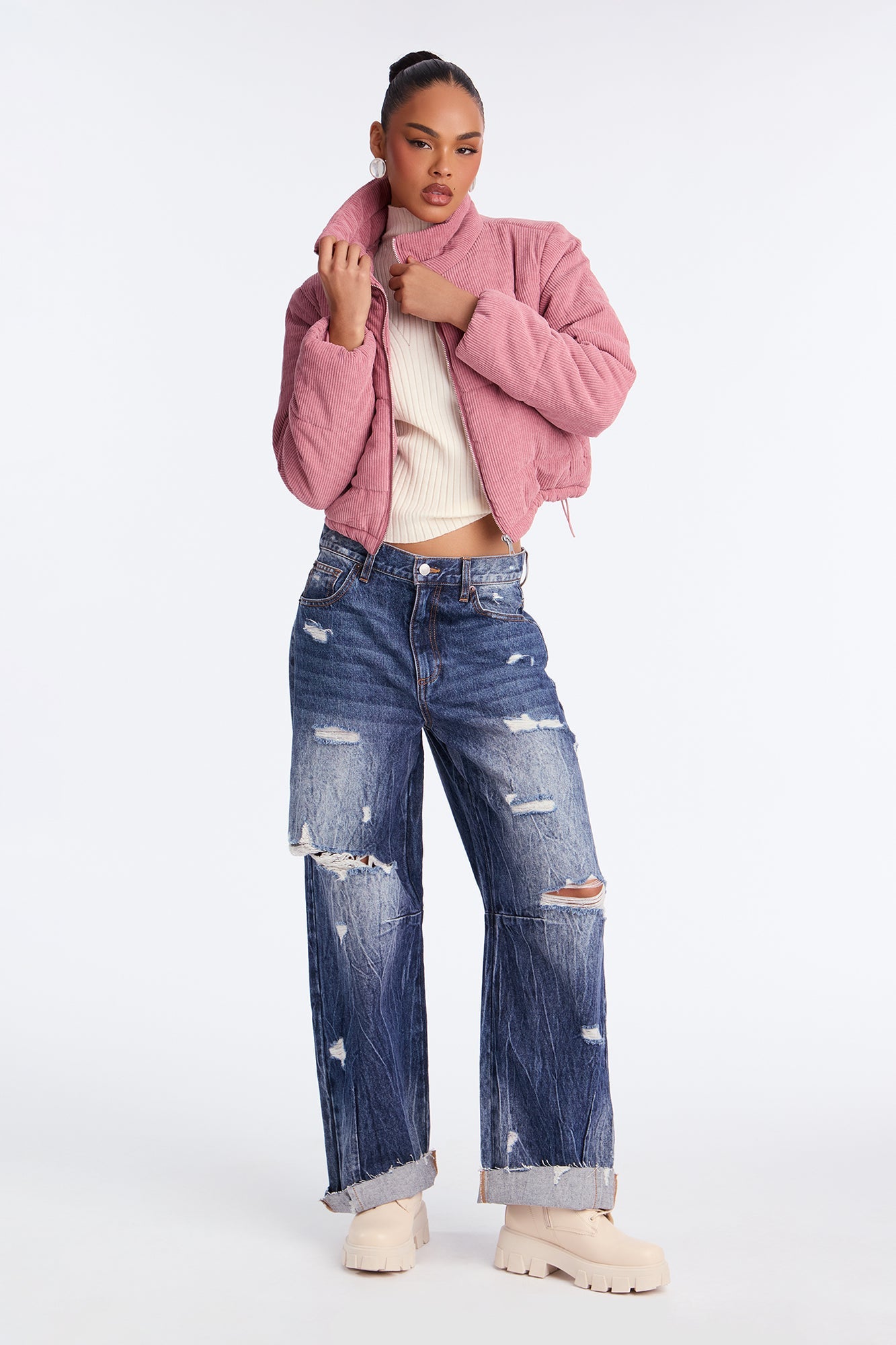 Cozy Corduroy Puffer Jacket - Mauve