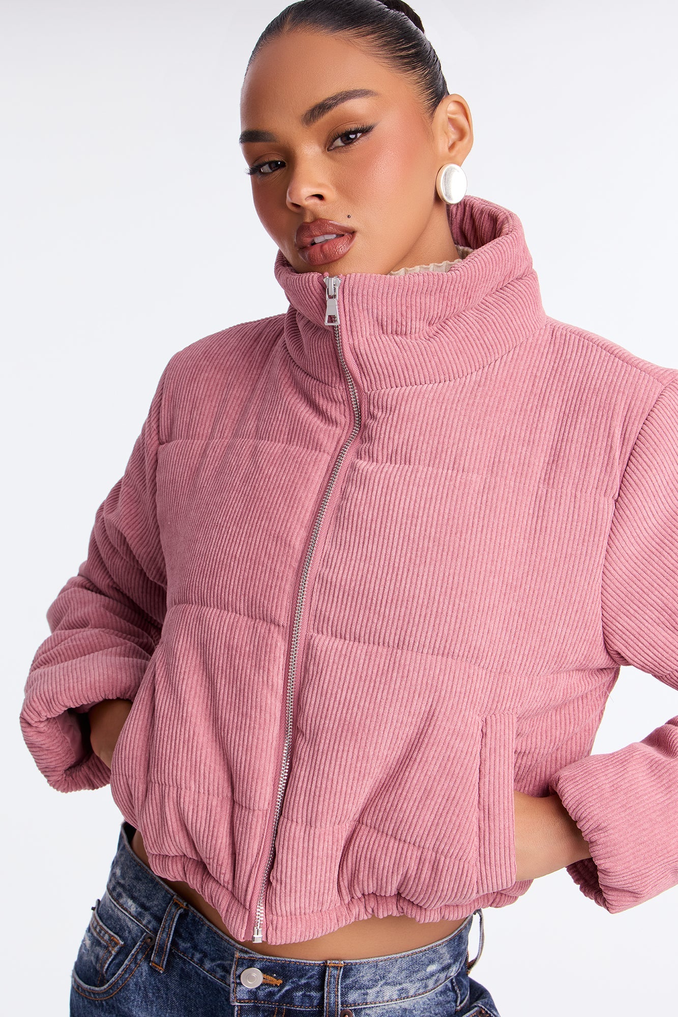 Cozy Corduroy Puffer Jacket - Mauve
