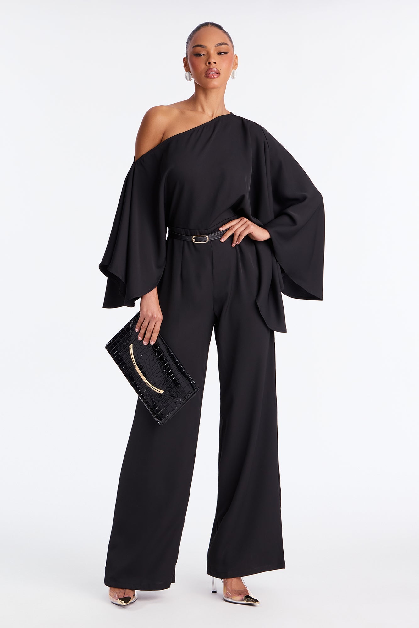 Gala Ready Belted One Shoulder Jumpsuit - Black