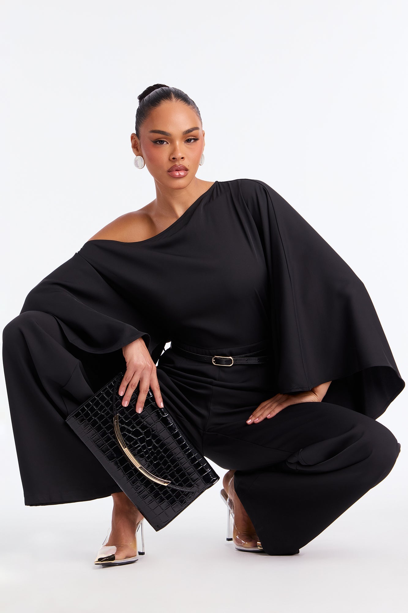 Gala Ready Belted One Shoulder Jumpsuit - Black