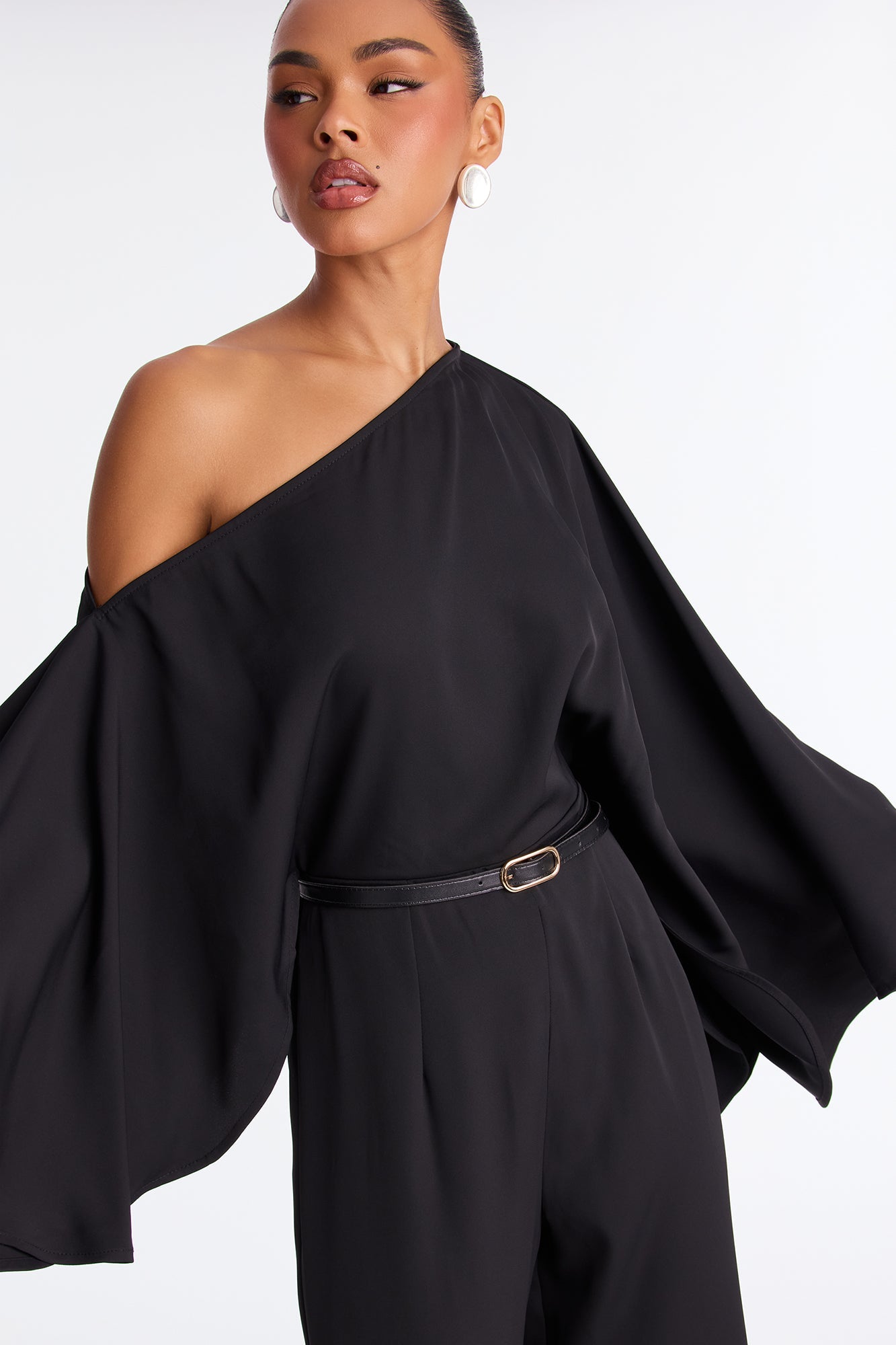 Gala Ready Belted One Shoulder Jumpsuit - Black