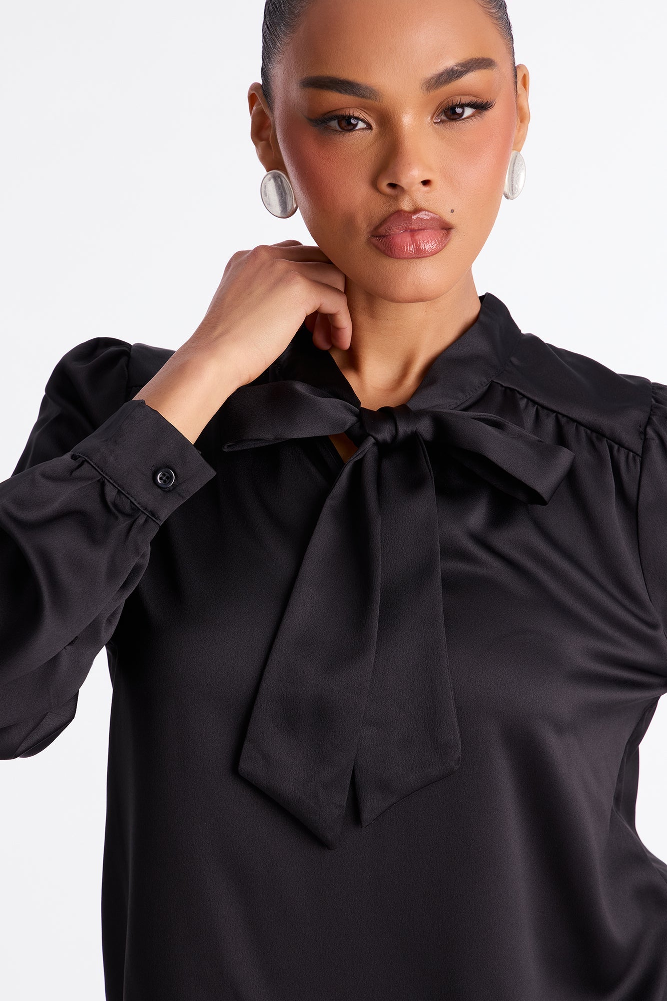 True Connections Neck Tie Satin Top - Black