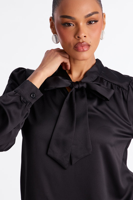 True Connections Neck Tie Satin Top - Black