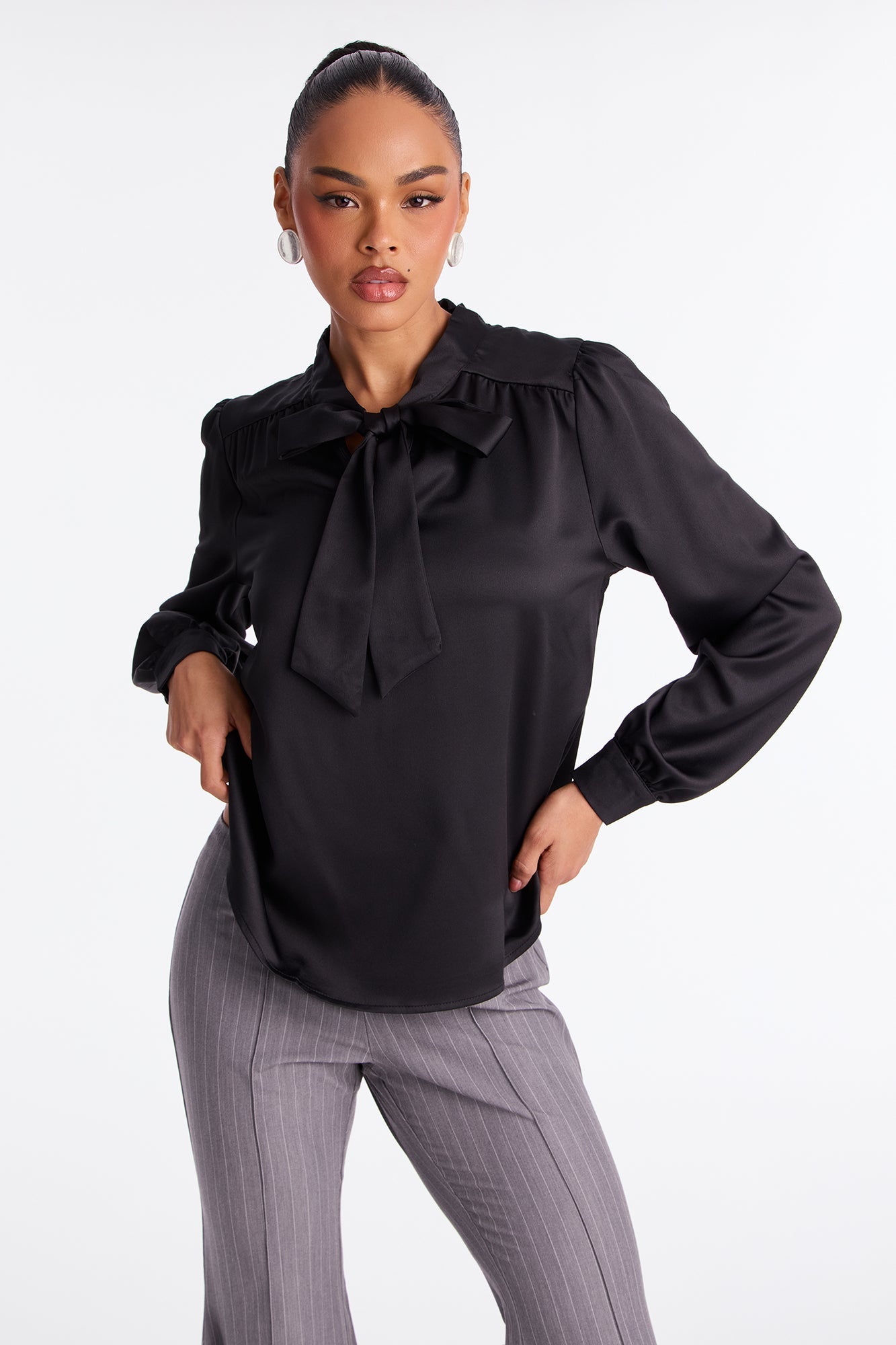 True Connections Neck Tie Satin Top - Black
