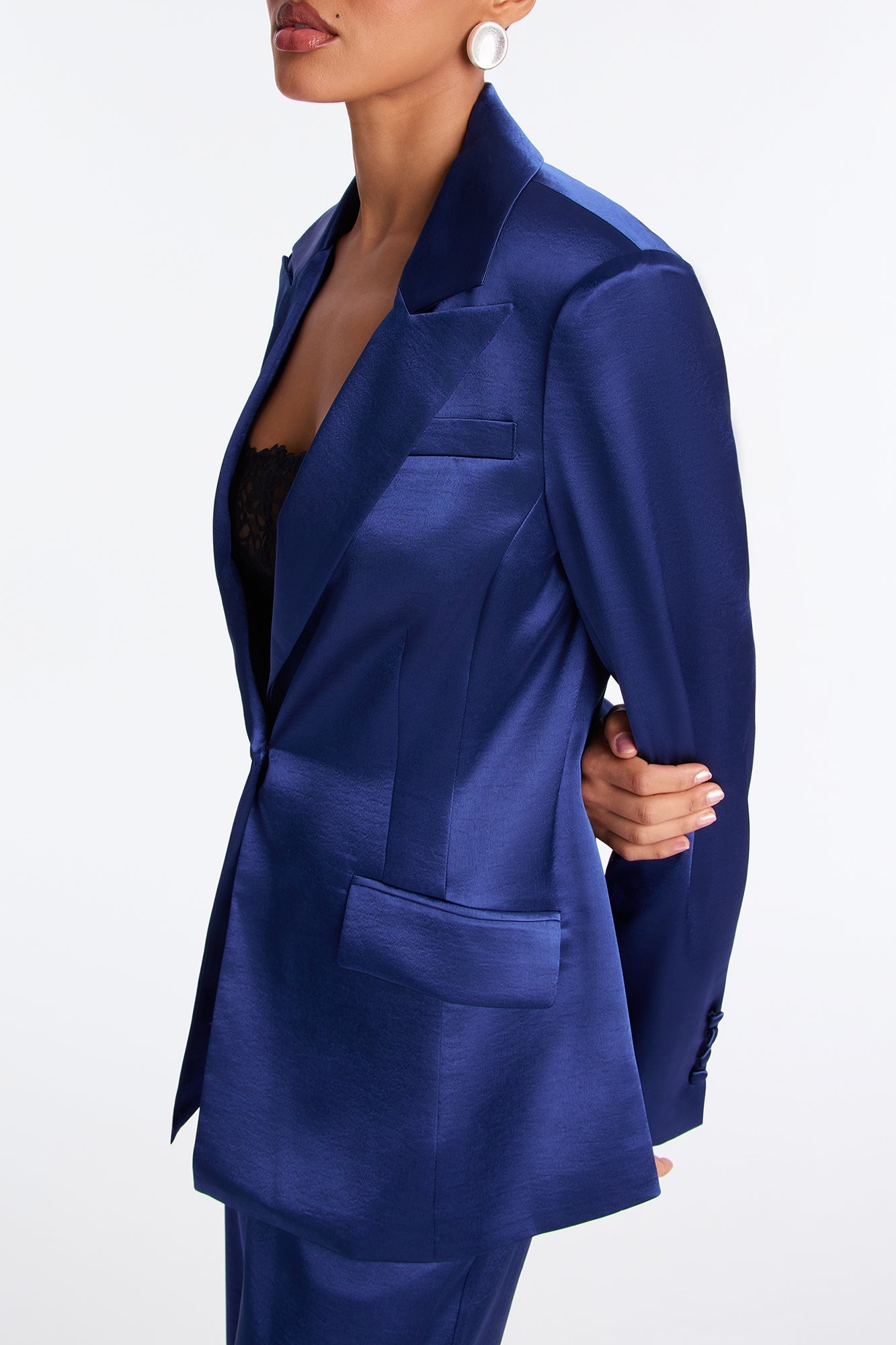 Selena Satin Hourglass Blazer - Navy