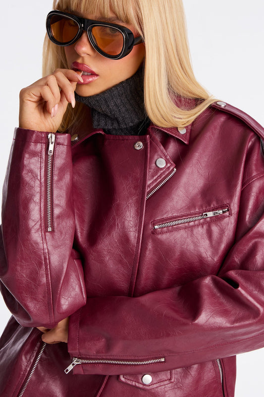 Higher Frequency Faux Leather Moto Jacket - Burgundy