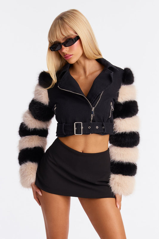 Zero Degrees Faux Suede Moto Jacket - Black/combo