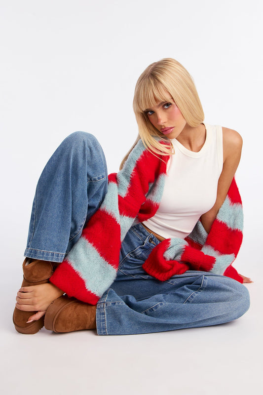 Catch My Vibe Oversized Striped Cardigan - Blue/combo