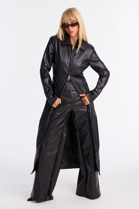 Kennedy Belted Faux Leather Zip Up Coat - Black