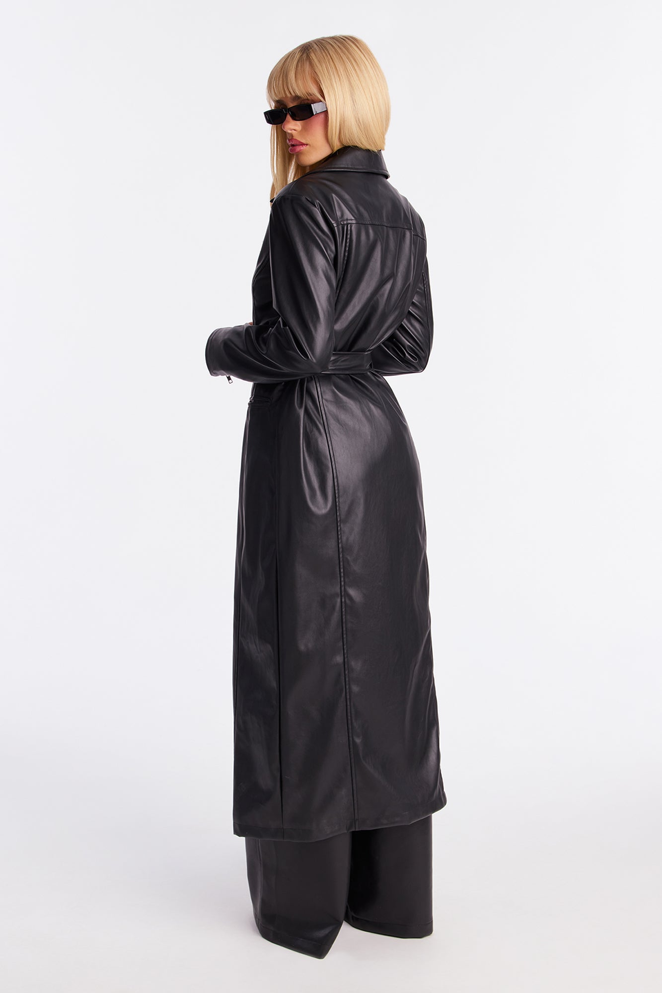 Kennedy Belted Faux Leather Zip Up Coat - Black