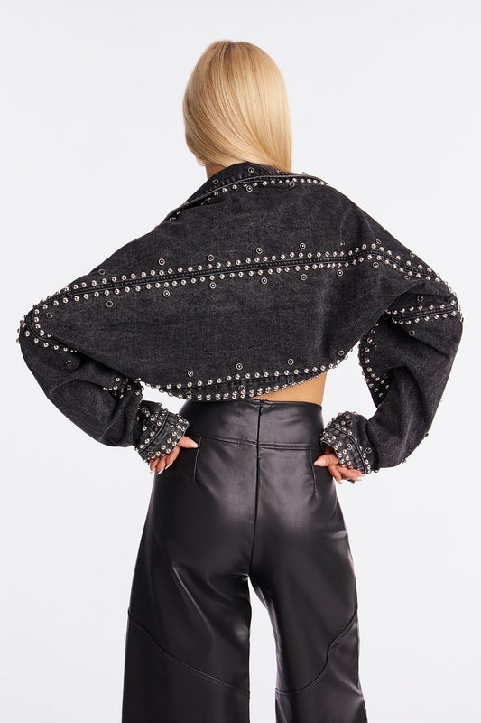 Hollywood Studded Denim Jacket - Black Wash