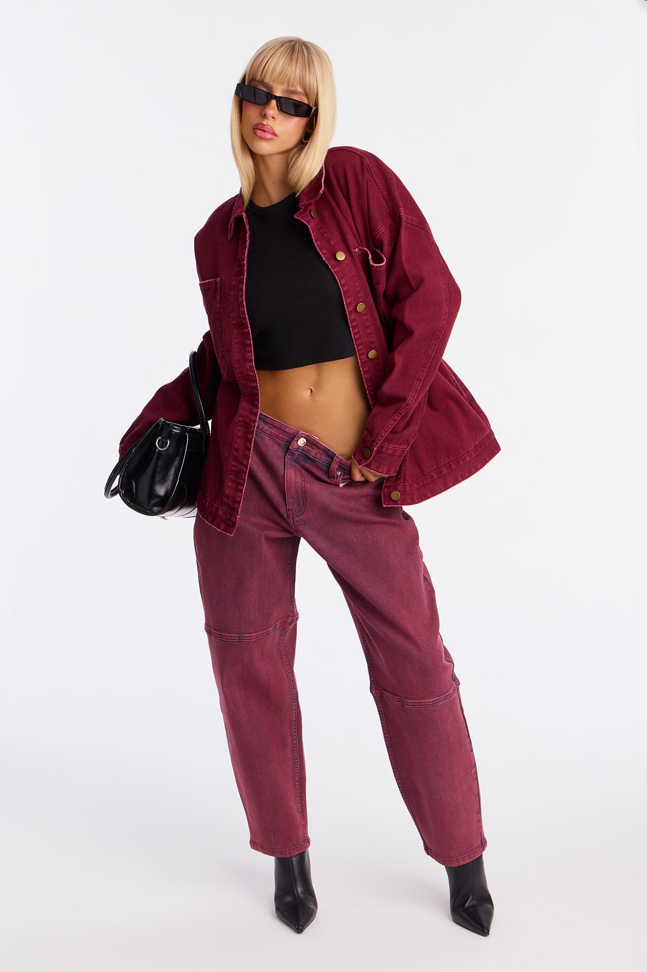 On The Move Denim Shacket - Burgundy