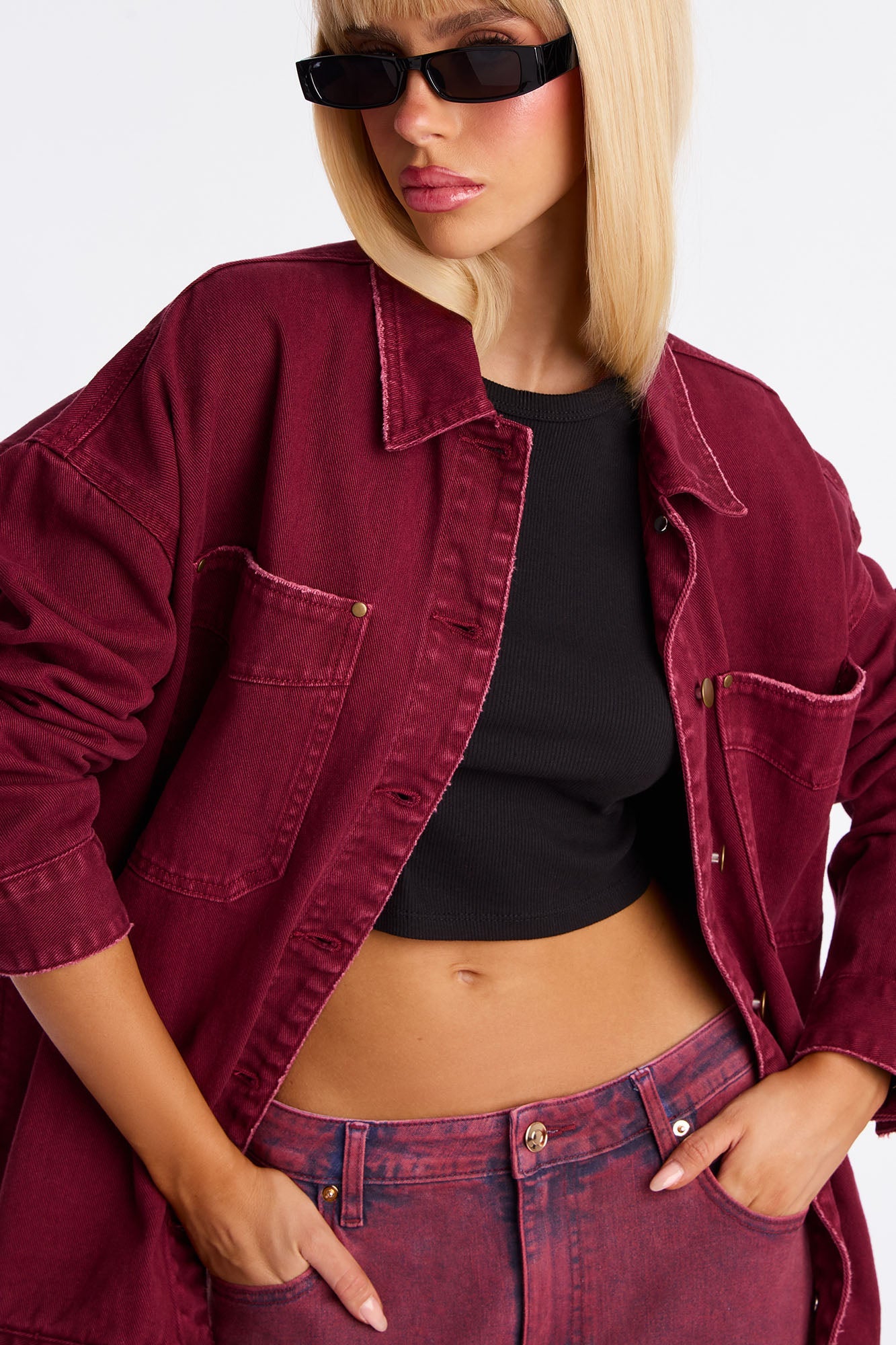 On The Move Denim Shacket - Burgundy