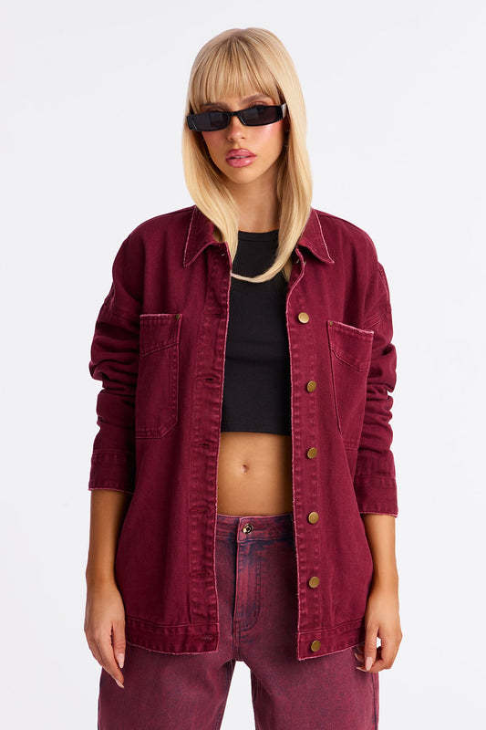 On The Move Denim Shacket - Burgundy