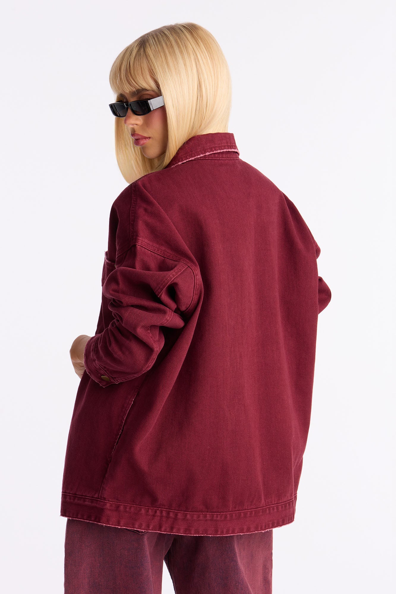 On The Move Denim Shacket - Burgundy
