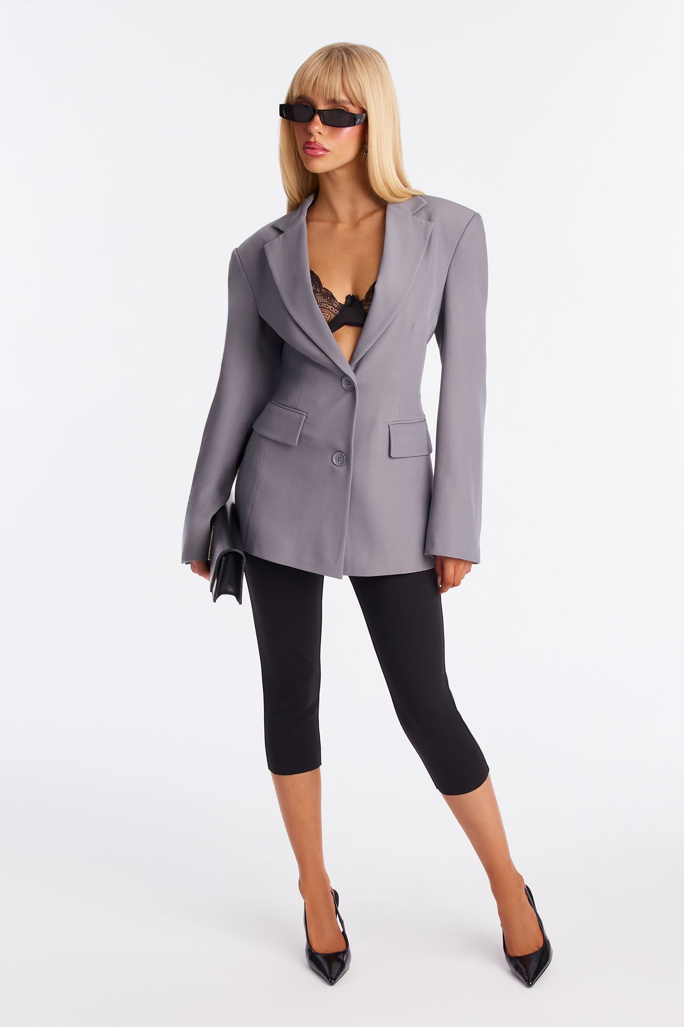 Leslee Twill Rigid Fitted Blazer - Charcoal