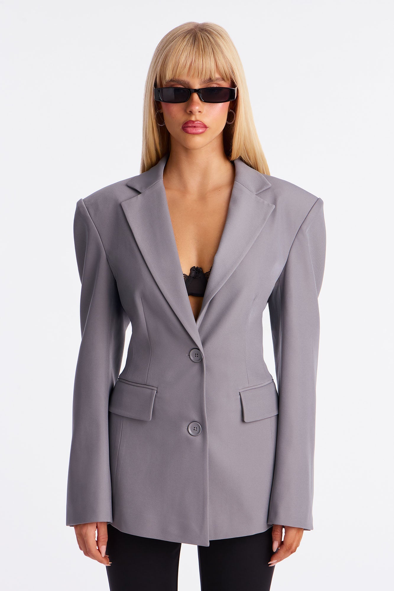 Leslee Twill Rigid Fitted Blazer - Charcoal