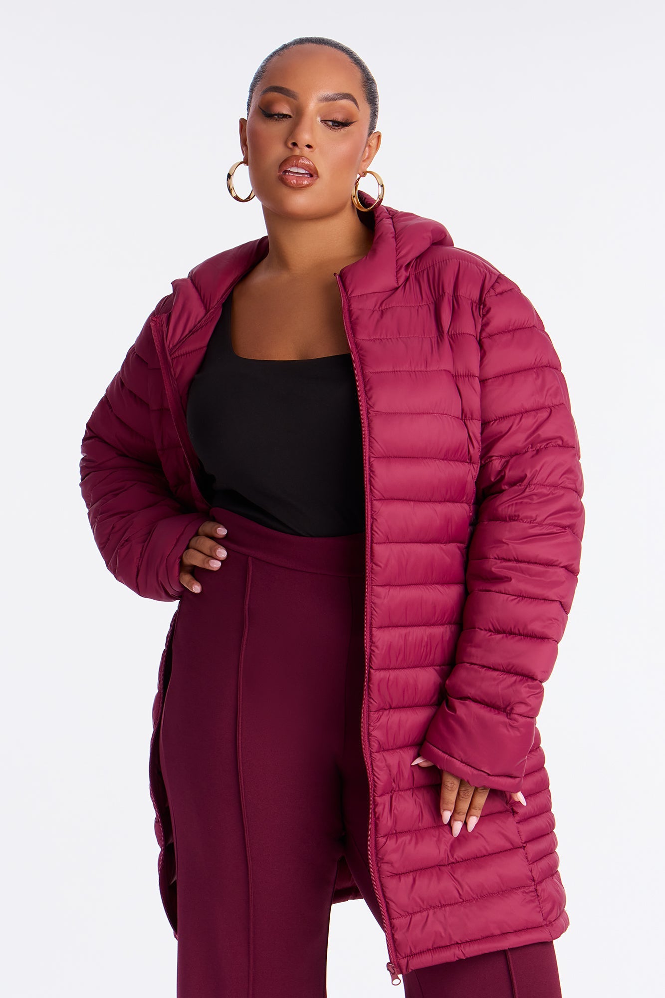 Padded Landing Puffer Coat - Burgundy
