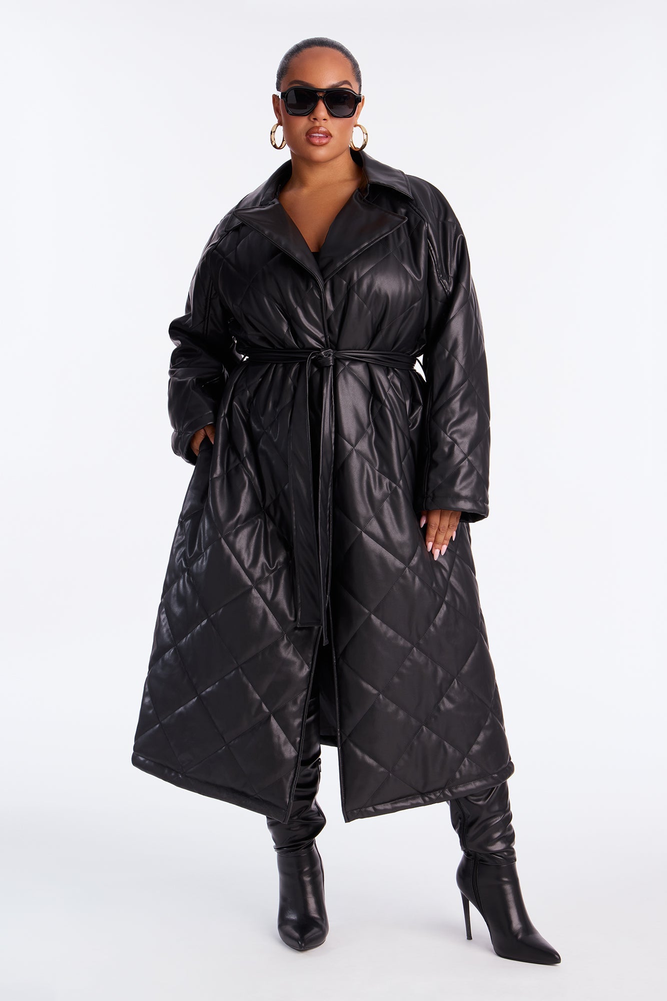 Fabiola Quilted Faux Leather Trench Coat - Black