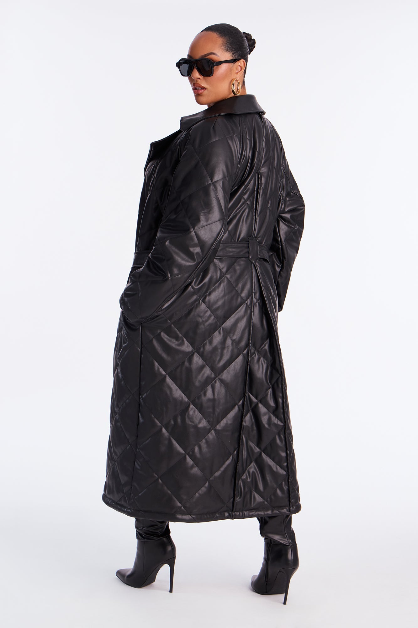Fabiola Quilted Faux Leather Trench Coat - Black
