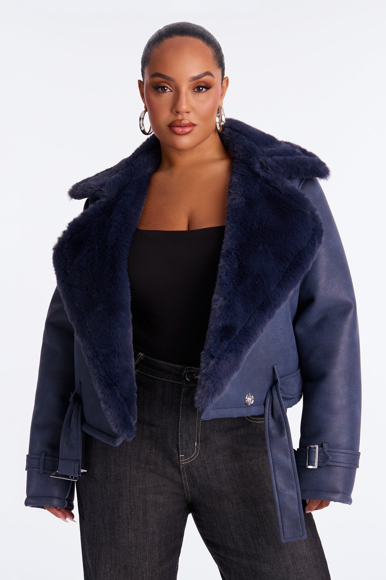 Jamie Faux Leather Moto Jacket - Navy