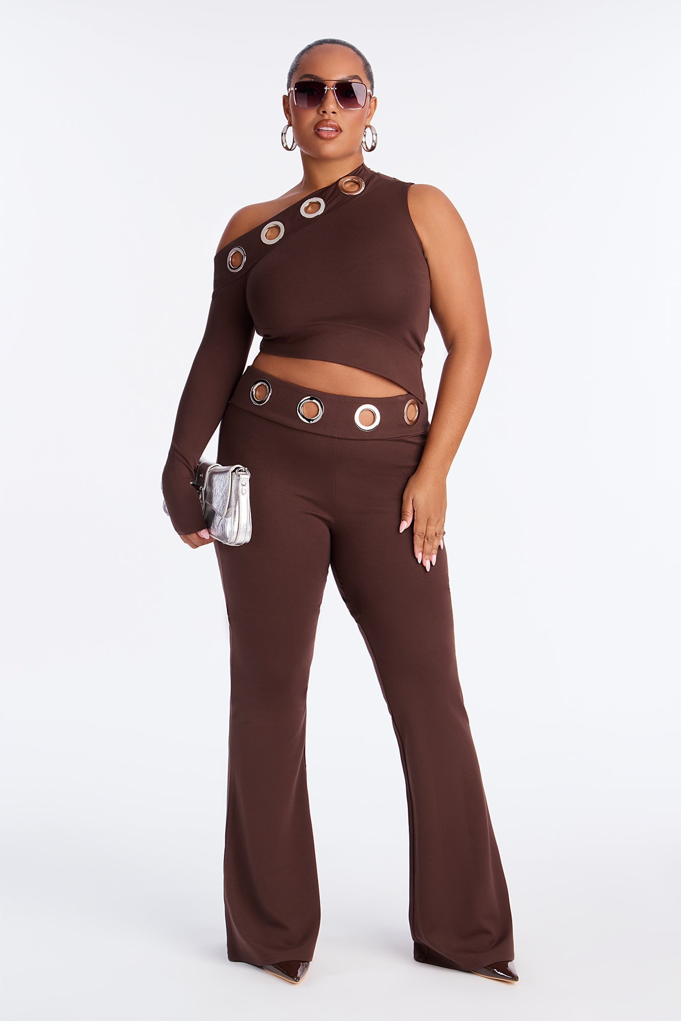Mila Grommet One Shoulder Pant Set - Chocolate