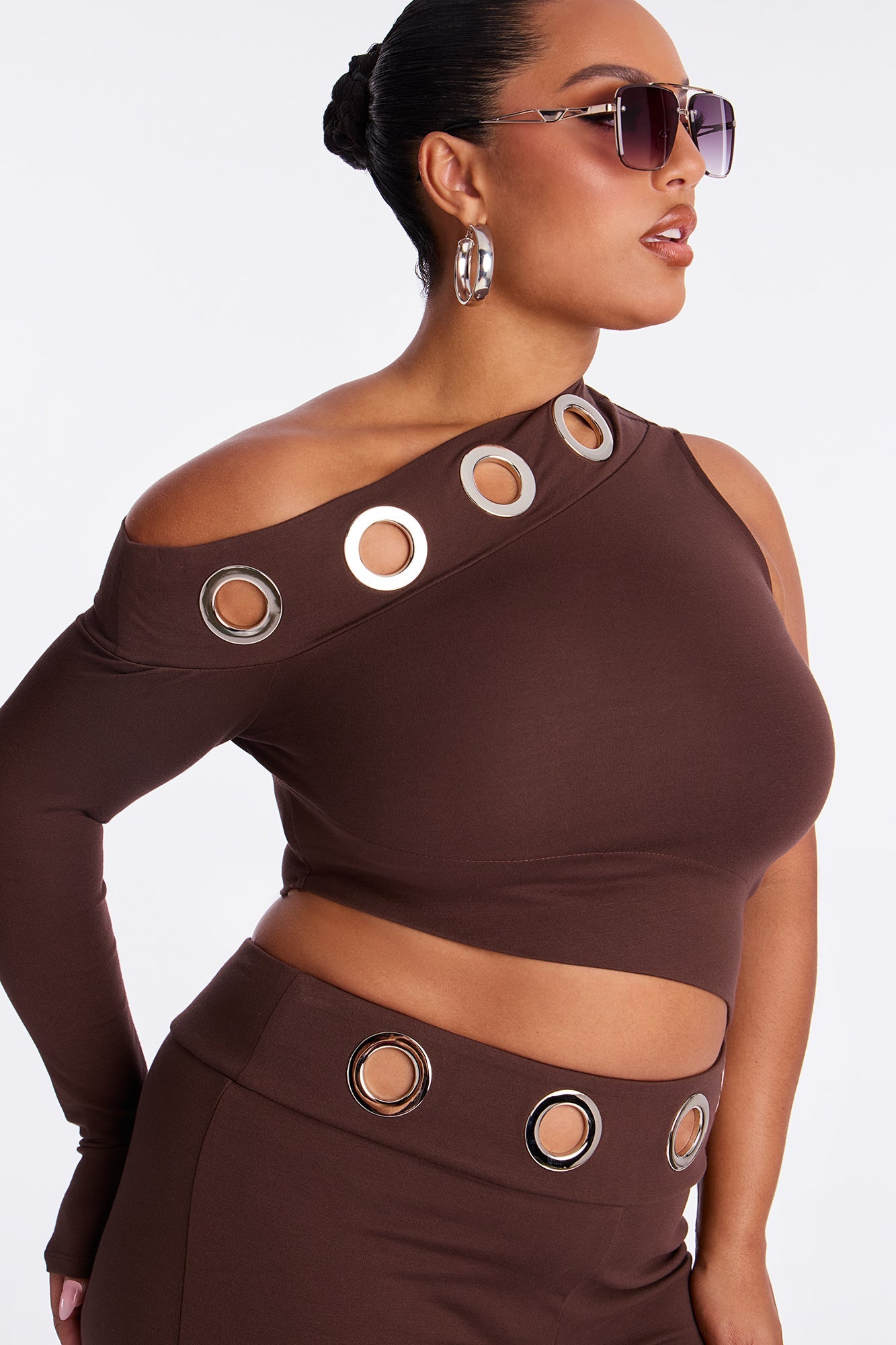 Mila Grommet One Shoulder Pant Set - Chocolate