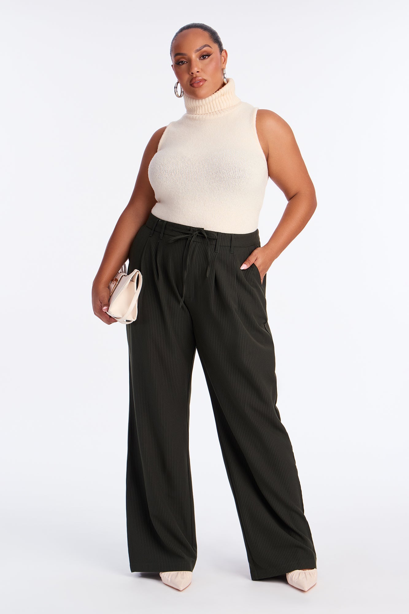 Kelly Pinstripe Wide Leg Trouser Pant - Olive