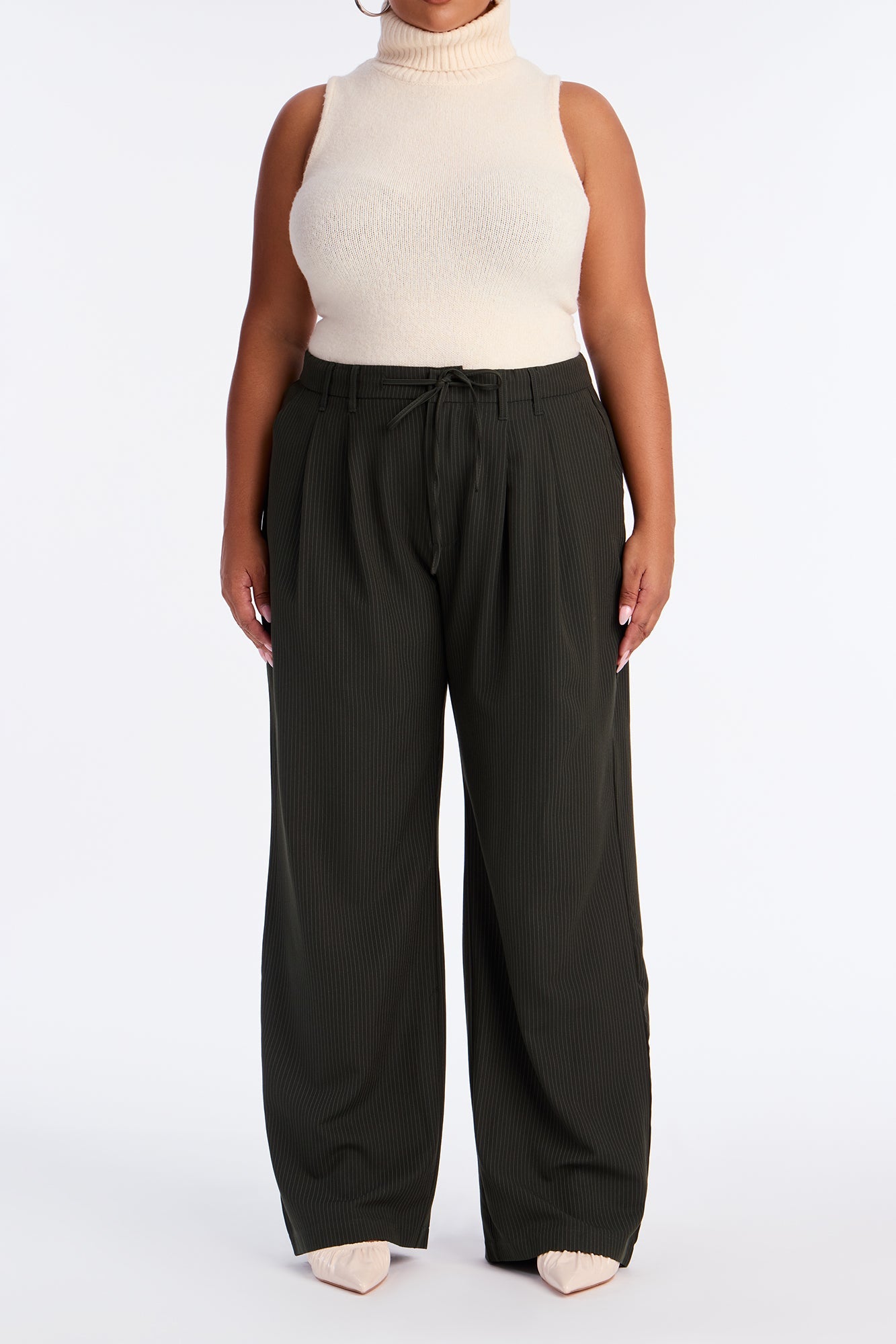 Kelly Pinstripe Wide Leg Trouser Pant - Olive