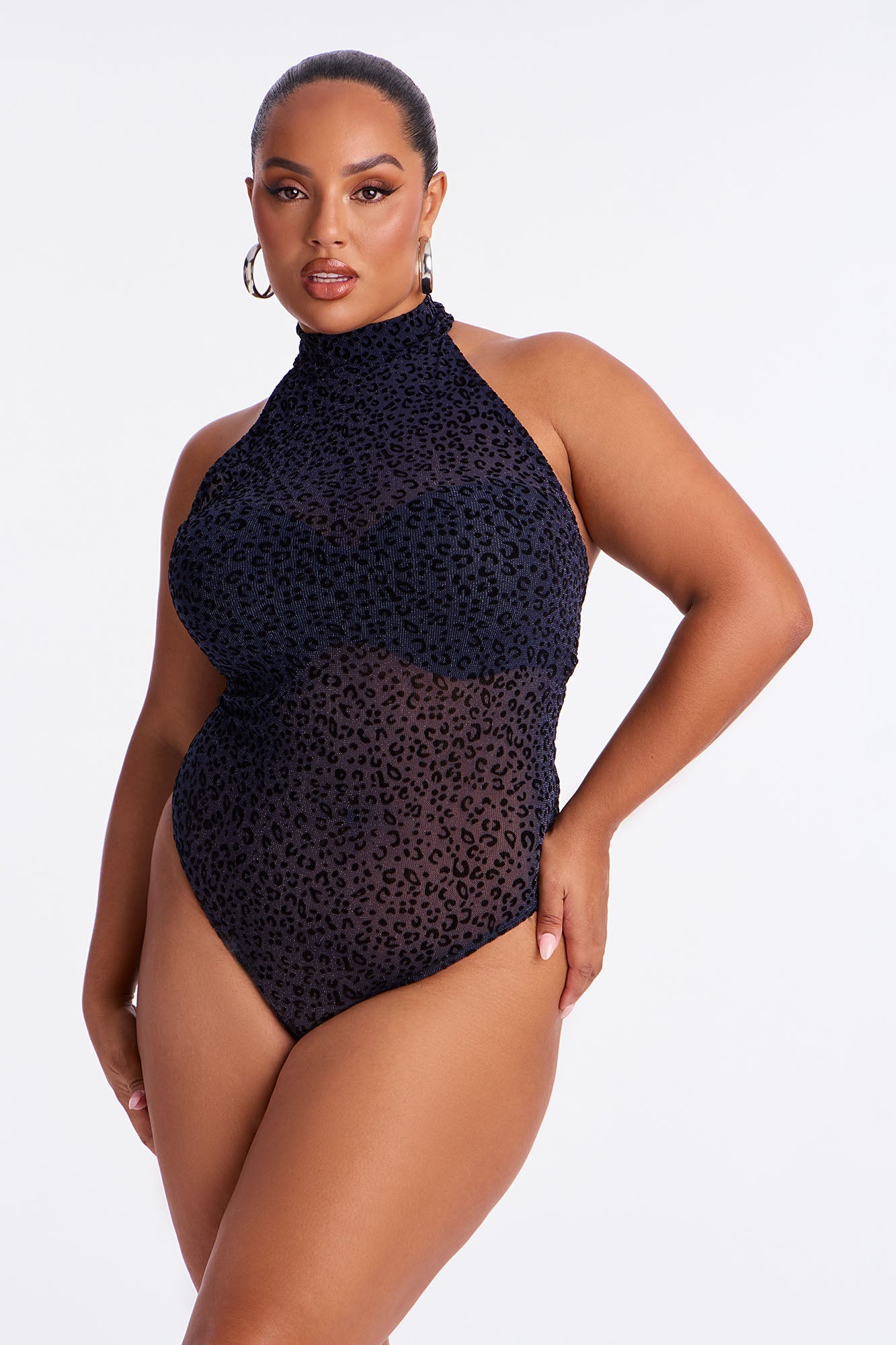 Winnie Flocked Halter Bodysuit - Navy/combo